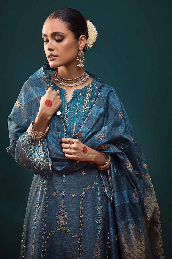UAE -3PC Embroidered Unstitched Net Shirt with Embroidered Zari Jacquard Dupatta and Inner PRW-32033