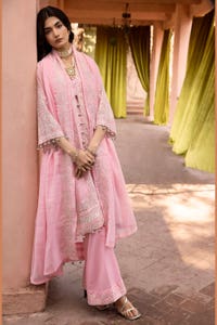 UAE -3PC Zari and Sequins Embroidered Cotton Unstitched Suit with Zari and Sequins Embroidered Cotton Slub Dupatta FE-42021