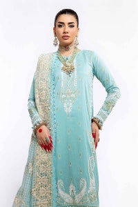 UAE -3PC Unstitched Lawn Embosse and Gold Printed Suit with Embosse and Gold Printed Organza Dupatta FE-42022