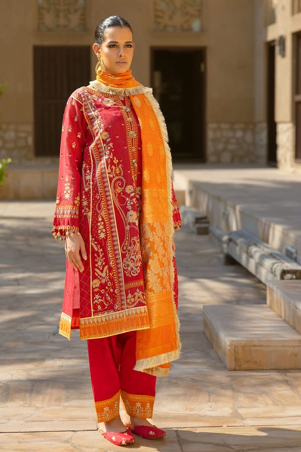 UAE -3PC Embroidered Paper Cotton Unstitched Suit with Jacquard Dupatta FE-42056