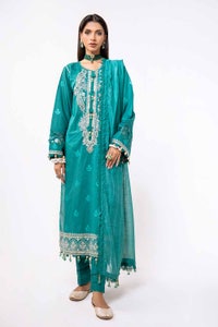 UAE -3PC Unstitched Embroidered Lawn Suit with Stripe Raw Silk Dupatta FE-42063