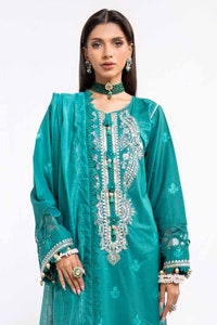 UAE -3PC Unstitched Embroidered Lawn Suit with Stripe Raw Silk Dupatta FE-42063