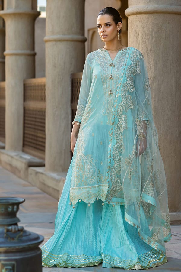 UAE -3PC Embroidered Paper Cotton Unstitched Suit with Embroidered Net Dupatta FE-42071