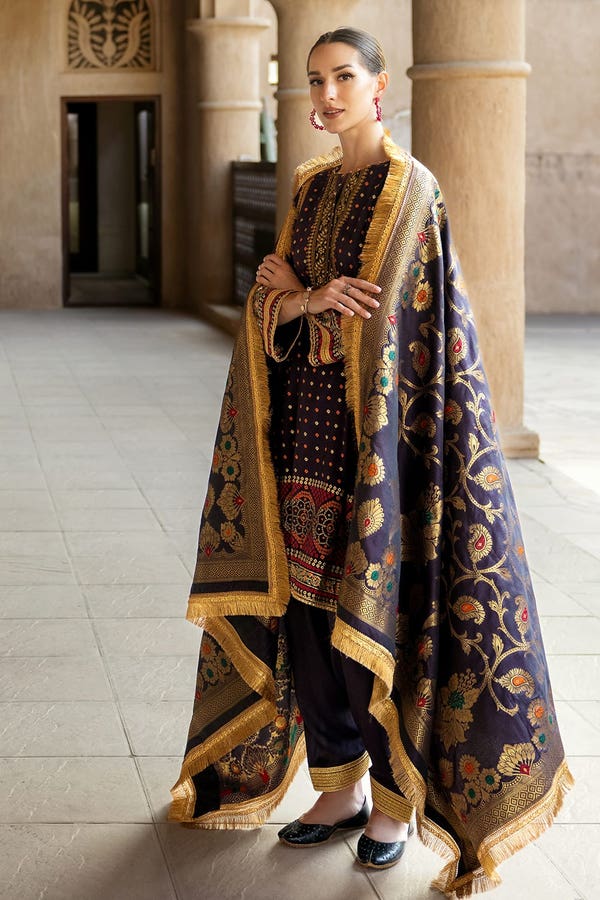 UAE -3PC Gold and Lacquer Printed Raw Silk Unstitched Suit with Jacquard Dupatta FE-42079