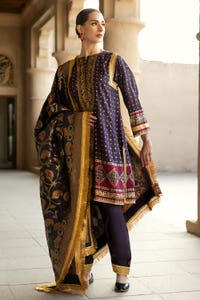 UAE -3PC Gold and Lacquer Printed Raw Silk Unstitched Suit with Jacquard Dupatta FE-42079