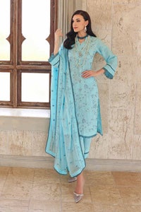 UAE -3PC Embroidered Lawn Unstitched Printed Suit With Embroidered Chiffon Dupatta PM-22079