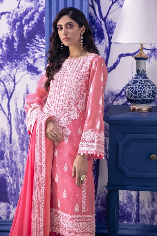UAE -3PC Unstitched Embroidered Net Suit with Embroidered Georgette Dupatta FE-22073