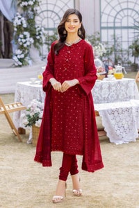 UAE -3PC Foil Embroidered Lawn Unstitched Suit with Zari and sequins Dupatta CK-32002