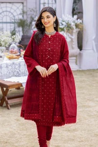 UAE -3PC Foil Embroidered Lawn Unstitched Suit with Zari and sequins Dupatta CK-32002