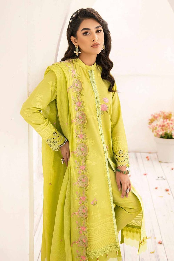 UAE -3PC Embroidered Lawn Unstitched Lacquer Printed Suit With Embroidered Denting Lawn Dupatta DN-32011