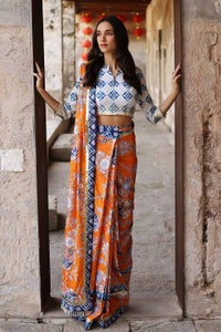UAE -2PC Lawn Unstitched Saree Blouse SR-32003
