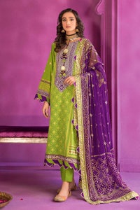 UAE -3PC Embroidered Chunri Lawn Unstitched Suit With Chiffon Gold and Lacquer Printed Dupatta BM-32011