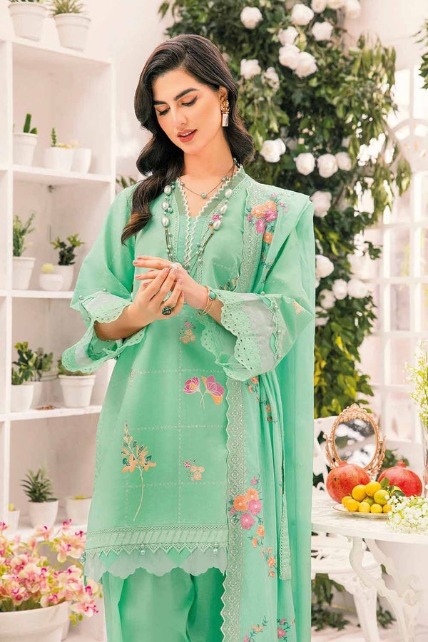 UAE -3PC Embroidered Lawn Unstitched Lacquer Printed Suit With Embroidered Denting Lawn Dupatta DN-32009