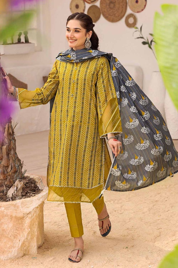 UAE -3PC silver Printed Lawn Unstitched Suit with Gota Lace CL-32419