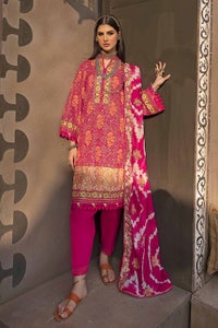 UAE -3PC Gold Printed Unstitched Suit with Embroidered Dupatta FE-32058