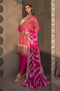 UAE -3PC Gold Printed Unstitched Suit with Embroidered Dupatta FE-32058