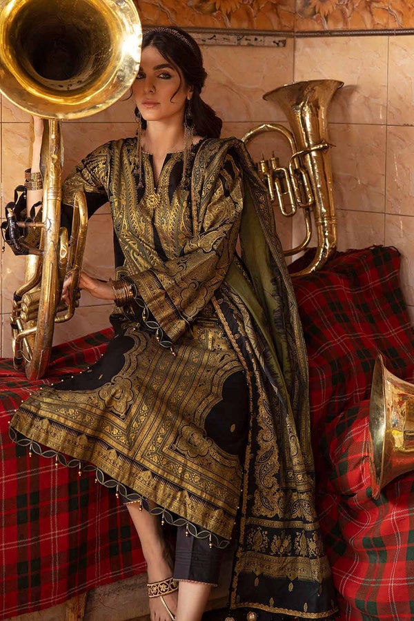 UAE -3PC Gold and Lacquer Lawn Printed Unstitched Suit CL-32535 B