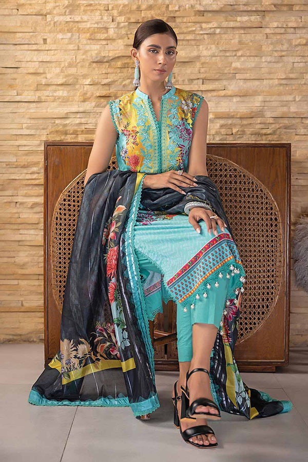 UAE -3PC Digital Printed Cambric Unstitched Suit with Stripe Chiffon Dupatta ST-32016