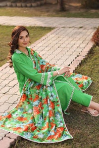 UAE -3PC Dobby Lawn Unstitched Suit With Laces and Denting Lawn Dupatta DN-32061