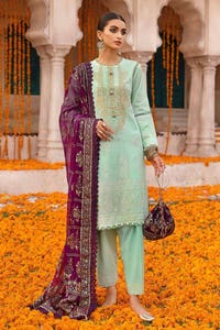UAE -3PC Foam and Gold Printed Embroidered Unstitched Lawn Shirt with Foil Printed Chiffon Dupatta and Neckline BM-32037