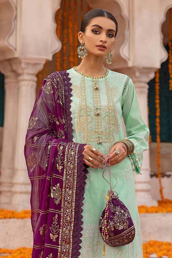 UAE -3PC Foam and Gold Printed Embroidered Unstitched Lawn Shirt with Foil Printed Chiffon Dupatta and Neckline BM-32037