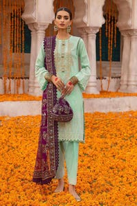 UAE -3PC Foam and Gold Printed Embroidered Unstitched Lawn Shirt with Foil Printed Chiffon Dupatta and Neckline BM-32037