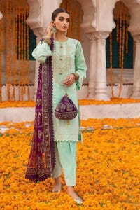 UAE -3PC Foam and Gold Printed Embroidered Unstitched Lawn Shirt with Foil Printed Chiffon Dupatta and Neckline BM-32037