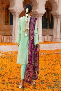 UAE -3PC Foam and Gold Printed Embroidered Unstitched Lawn Shirt with Foil Printed Chiffon Dupatta and Neckline BM-32037