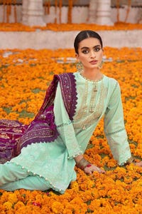 UAE -3PC Foam and Gold Printed Embroidered Unstitched Lawn Shirt with Foil Printed Chiffon Dupatta and Neckline BM-32037
