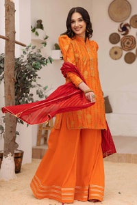 UAE -3PC Gold Printed Lawn Unstitched Suit with Crochet Lace CL-32422