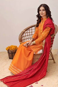 UAE -3PC Gold Printed Lawn Unstitched Suit with Crochet Lace CL-32422