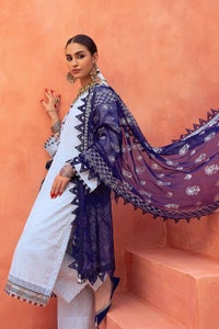 UAE -3PC Foam and Silver Printed Embroidered Unstitched Lawn Shirt with Foil Printed Chiffon Dupatta and Neckline BM-32038