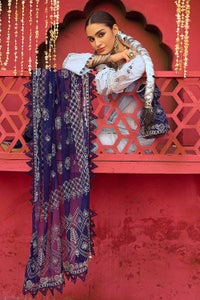 UAE -3PC Foam and Silver Printed Embroidered Unstitched Lawn Shirt with Foil Printed Chiffon Dupatta and Neckline BM-32038