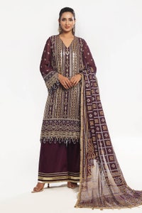 UAE -3 Piece Unstitched Embroidered Chiffon Suit with Gold Silver Printed Chiffon Dupatta BM-52023
