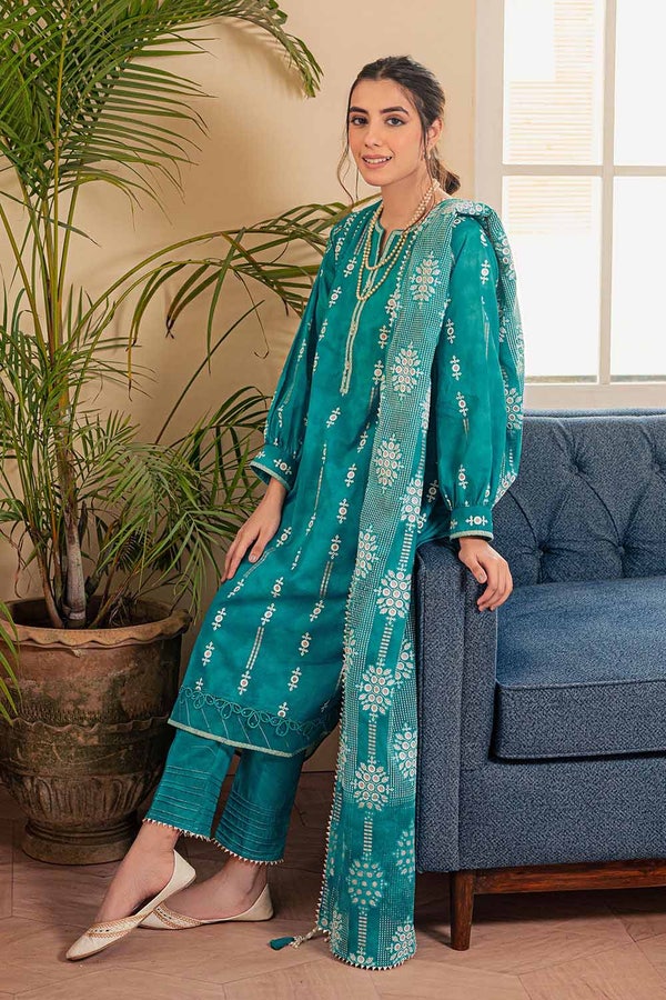 UAE -3PC Silver Prited Lawn Unstitched Suit with Crochet Lace CL-32409