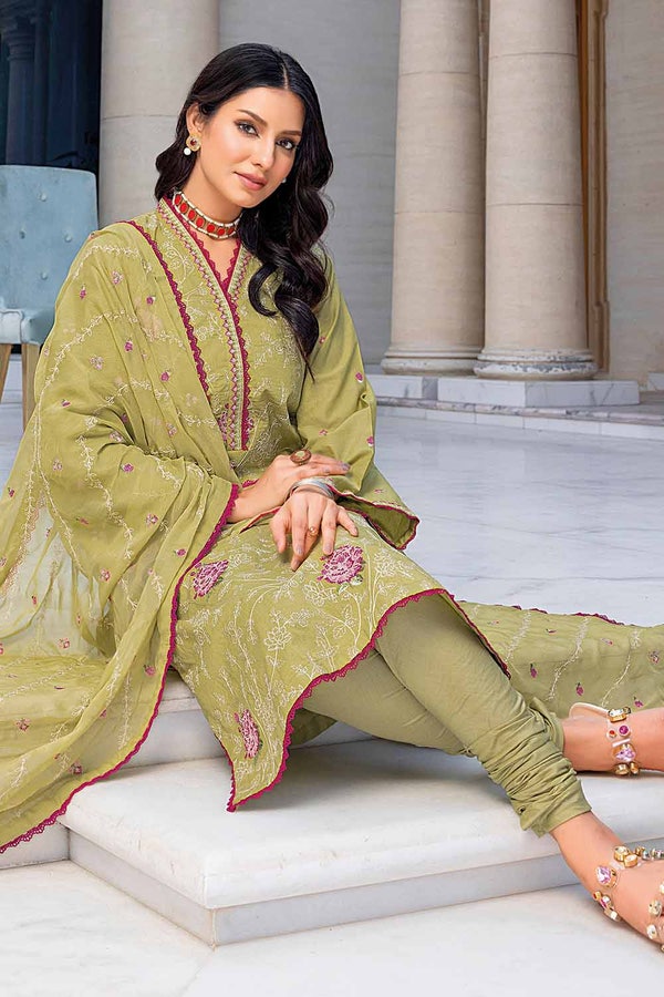UAE -3PC Embroidered Lawn Unstitched Suit With Embroidered Chiffon Dupatta PM-32057
