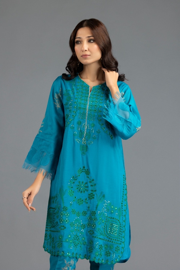 UAE -Luxury Pret Cotton Silk Embroidered Shirt Trouser ILP-22-126 2 PC