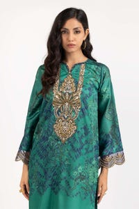 UAE -2 PC Luxury Pret Printed Charmeuse Silk Embroidered Shirt with Trouser ILP-22-195
