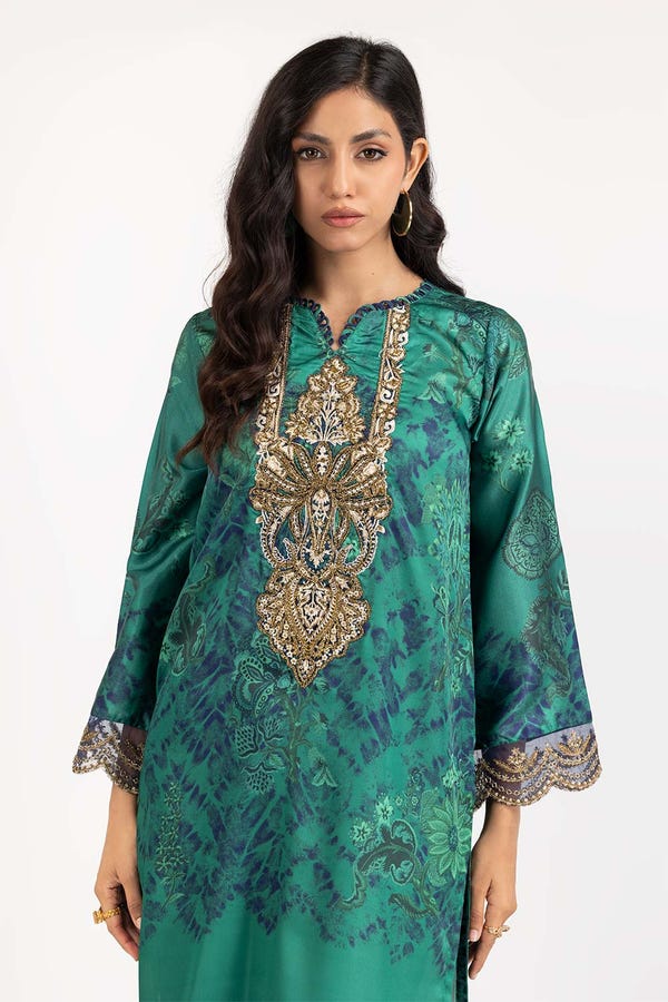 UAE -2 PC Luxury Pret Printed Charmeuse Silk Embroidered Shirt with Trouser ILP-22-195