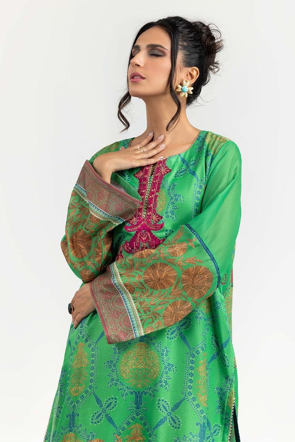 UAE -Luxury Pret Printed Khadi Net Embroidered Kurti And Trouser ILP-22-93 2PC