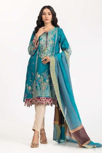 UAE -Luxury Pret Cotton Net Embroidered Shirt with Dupatta ILP-23-141 2 PC