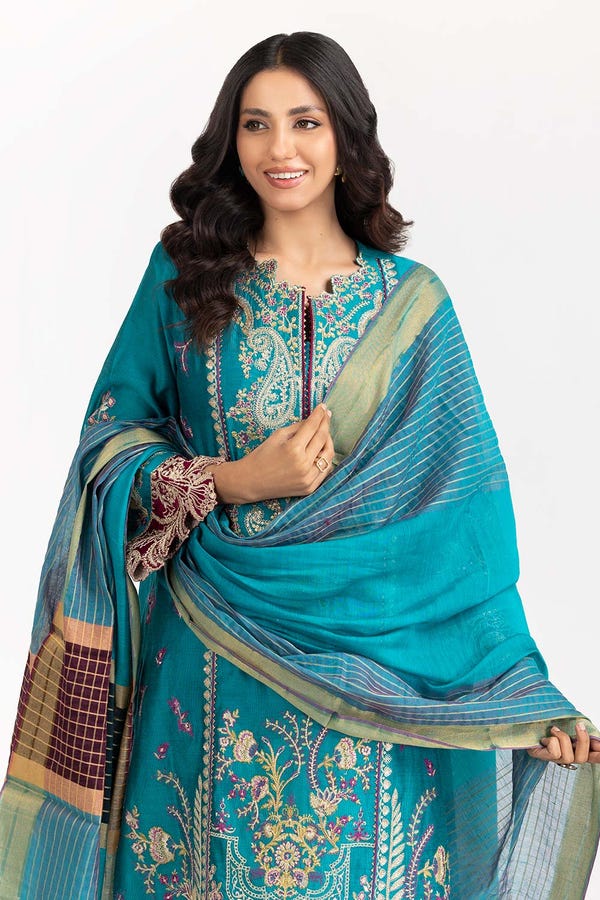 UAE -Luxury Pret Cotton Net Embroidered Shirt with Dupatta ILP-23-141 2 PC