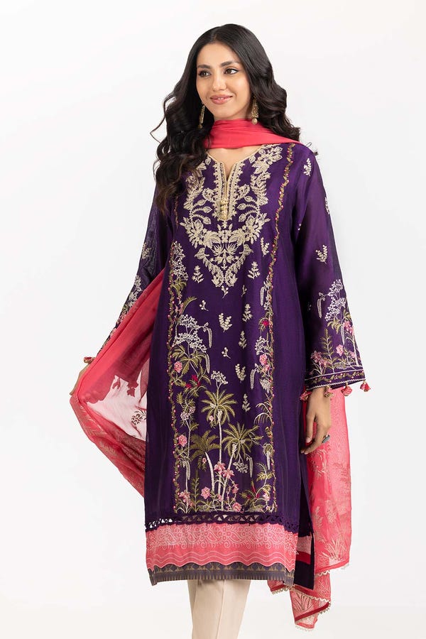 UAE -2 PC Luxury Pret Cotton Net Embroidered Shirt with Dupatta ILP-23-186