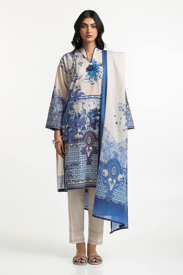UAE -3PC Lawn Printed With Embroidered Suit IUSTKSD-136