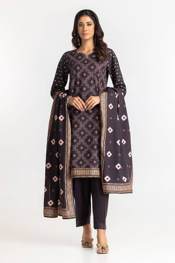 UAE -3 Piece Khaddar Gold Printed Suit IUSTKSD-309