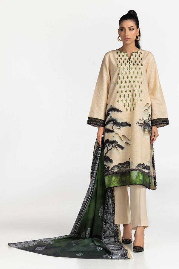 UAE-3 Piece Khaddar Printed With Embroidered Suit IUSTKSD-317