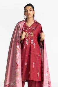 UAE-3 Piece Dyed Embroidered Jacquard Suit IUSTKSD-339