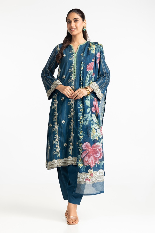 UAE -3 Piece Lawn Printed With Embroidered Suit IUSTKSD-364