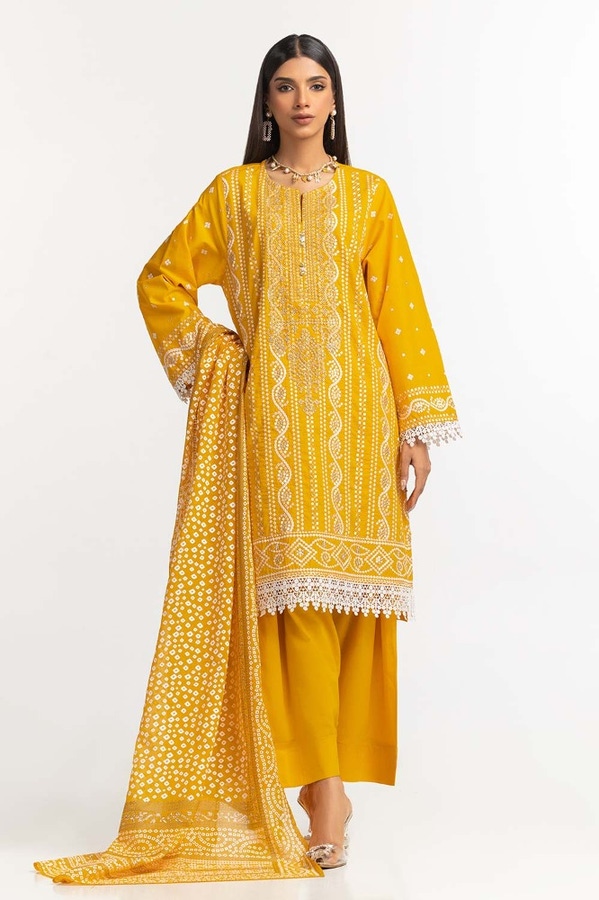UAE -Embroidered Lawn Shirt Printed Chiffon Dupatta Dyed Trouser KJP-43150