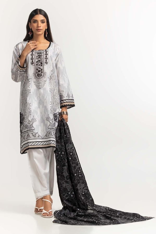 UAE -Printed Lawn Shirt Dupatta Dyed Trouser KJP-43174